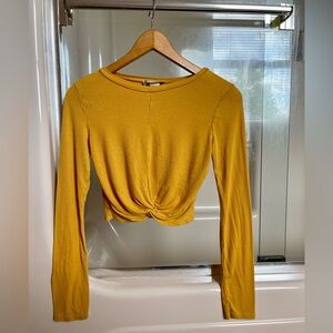 Front knot long sleeve crop top in mustard yellow